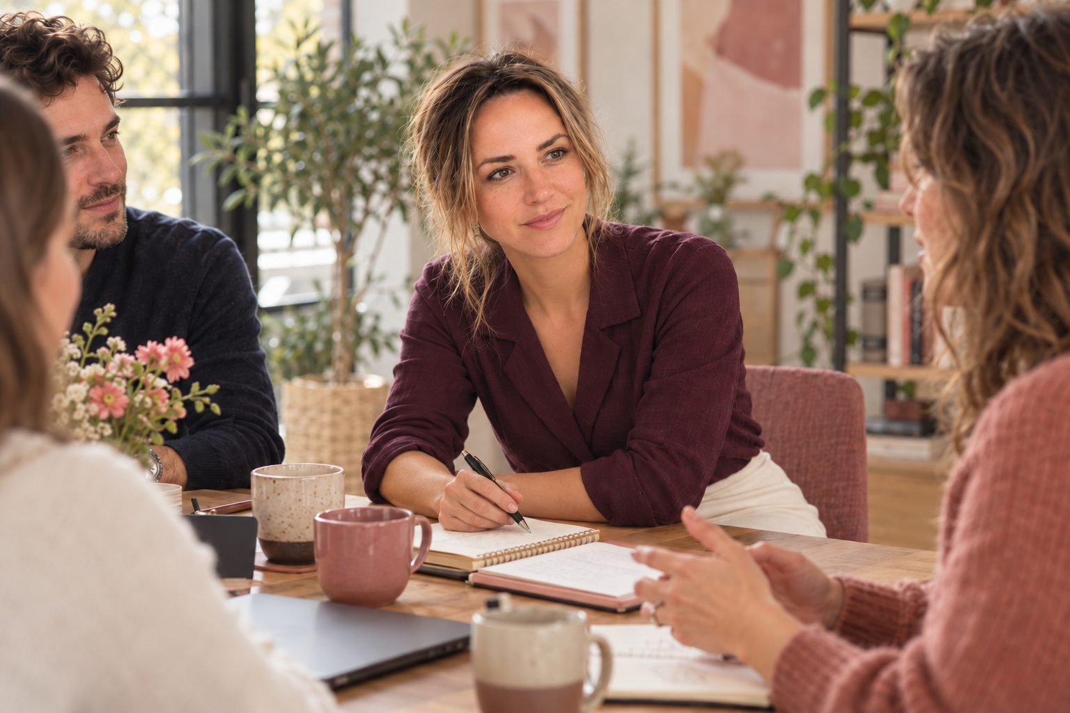 Anna maakt aantekeningen tijdens het overleg aan tafel